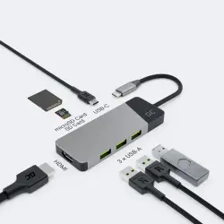 GREEN CELL HUB USB-C ADAPTER GC CONNECT 7W1 (3XUSB 3.1, HDMI 4K 60HZ, USB-C PD 85W, MICROSD/SD)-1