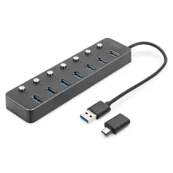 Hub USB 3.0/Koncentrator 7-portowy USB A + adapterUSB-C 5Gbps z wyłącznikami aluminiowy aktywny-1