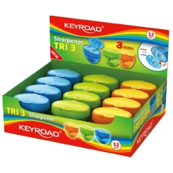 Temperówka KEYROAD Tri 3 plastikowa potrójna z pojemnikiem pakowane na displayu mix kolorów-627231