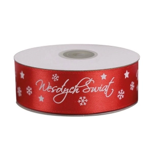 Wstążka TITANUM satynowa Wesołych Świąt 25mm x 25m - czerwona