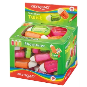 Temperówka KEYROAD Twist plastikowa pojedyńcza z gumką pakowane na displayu mix kolorów-235979
