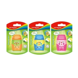 Temperówka KEYROAD plastikowa Hello z gumką podwójna z pojemnikiem blister mix kolorów