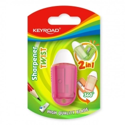 Temperówka KEYROAD plastikowa z gumką pojedyńcza Twist blister mix kolorów