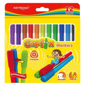 Flamastry KEYROAD Capfix Markers 12szt. trójkątne zmywalne łączone zawieszka mix kolorów-662098