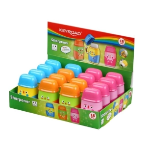 Temperówka KEYROAD plastikowa Hello z gumką podwójna z pojemnikiem display mix kolorów