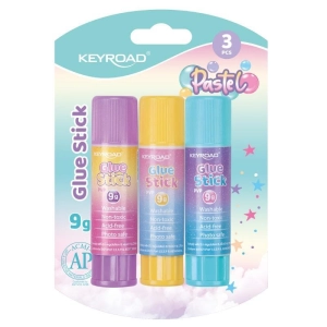 Klej w sztyfcie KEYROAD Pastel PVP 9g 3 szt. blister mix kolorów