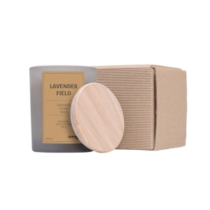 Świeca sojowa DONAU HOME w szarym szkle drewniana pokrywa i knot Lavender Field 200g-269381