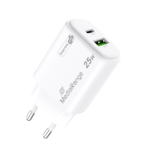 Ładowarka MEDIARANGE 25W, szybkie ładowanie, 1xUSB-C + 1xUSB-A, biały-275898