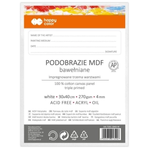 Podobrazie bawełniane impregnowane HAPPY COLOR - białe 30x40cm MDF 4mm-293625
