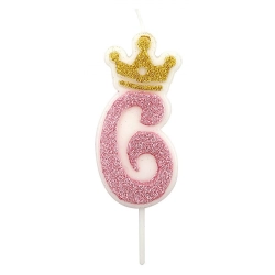 Świeczka PARTY GO, cyfra 6, 6,8cm, różowa