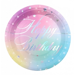 Talerz papierowy PARTY GO Happy Birthday, 18cm, 8 szt., mix kolorów