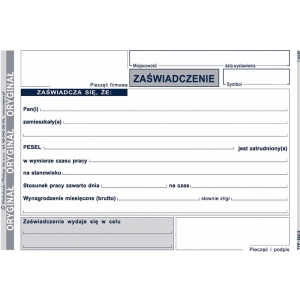 Druk MiP zaświadczenie o zatrudnieniu A6 80 kartek 502-5-309579