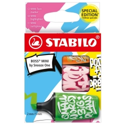 Zakreślacze STABILO BOSS MINI by Snooze One etui 3 szt. (zielony, pomarańczowy, różowy)