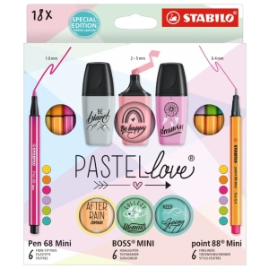 Zestaw Cienkopis STABILO Point 88 mini/Flamaster STABILO Pen 68 Mini/zakreślacz BOSS MINI Pastellove 2.0 - etui 18 szt