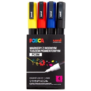 Marker UNI POSCA PC-3M, mix 4 szt. czarny, czerwony, niebieski, żółty
