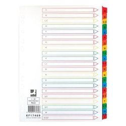 Przekładki Q-CONNECT Mylar, karton, A4, 225x297mm, A-Z, 21 kart, lam. indeks, mix kolorów-614704