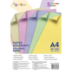 Papier kolorowy GIMBOO A4 100 arkuszy 80gsm 5 kolorów pastelowych-625084