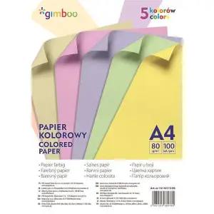 Papier kolorowy GIMBOO A4 100 arkuszy 80gsm 5 kolorów pastelowych-625085