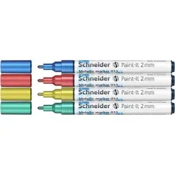 Marker SCHNEIDER akrylowy Paint-It Metallic 2 mm etui 4 szt. niebieski czerowny żółty zielony
